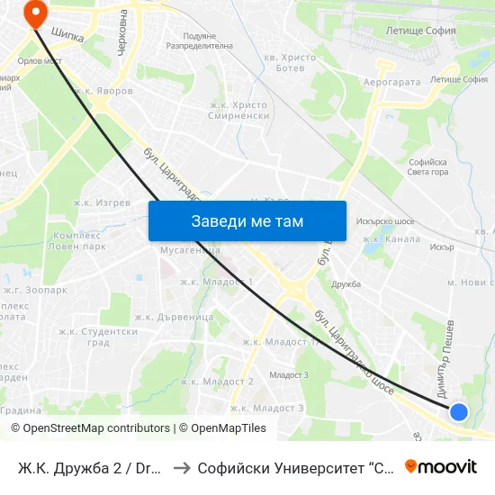 Ж.К. Дружба 2 / Druzhba 2 Qr. (0612) to Софийски Университет “Св. Климент Охридски"" map