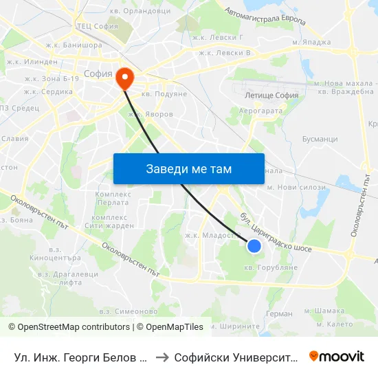 Ул. Инж. Георги Белов / Inzh. Georgi Belov St. (2591) to Софийски Университет “Св. Климент Охридски"" map