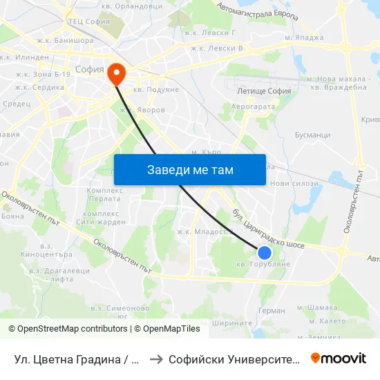 Ул. Цветна Градина / Tsvetna Gradina St. (2257) to Софийски Университет “Св. Климент Охридски"" map