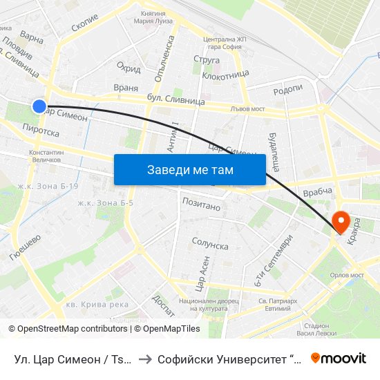 Ул. Цар Симеон / Tsar Simeon St. (2248) to Софийски Университет “Св. Климент Охридски"" map