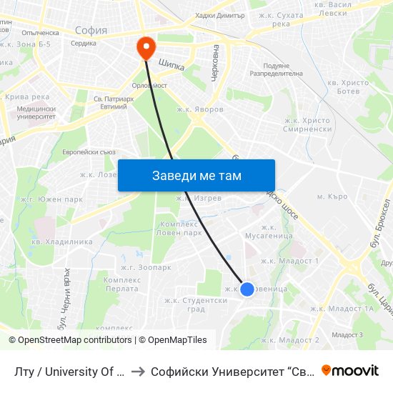 Лту / University Of Forestry (0617) to Софийски Университет “Св. Климент Охридски"" map