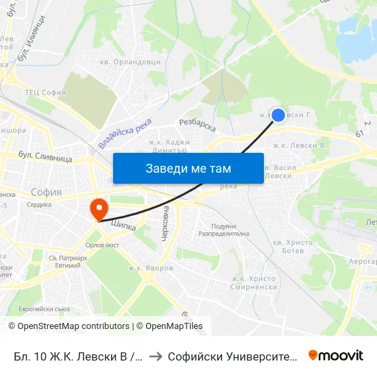 Бл. 10 Ж.К. Левски В / Bl. 10, Levski V Qr. (0126) to Софийски Университет “Св. Климент Охридски"" map