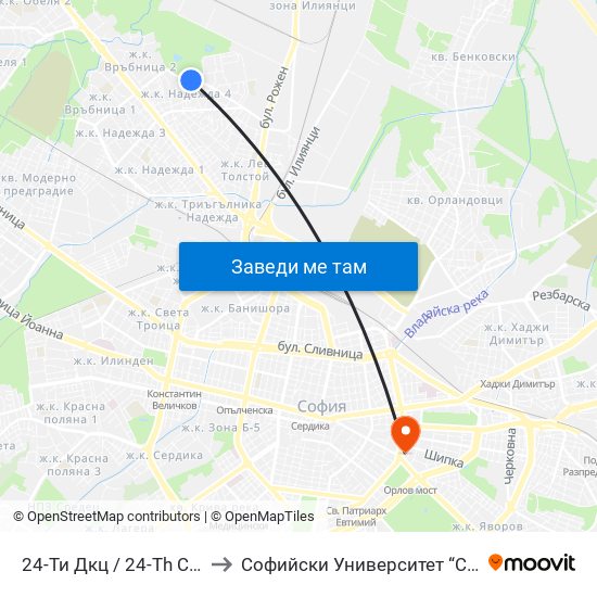 24-Ти Дкц / 24-Th City Hospital (0019) to Софийски Университет “Св. Климент Охридски"" map