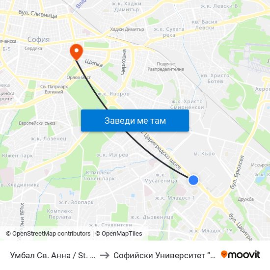 Умбал Св. Анна / St. Anna Hospital (1194) to Софийски Университет “Св. Климент Охридски"" map
