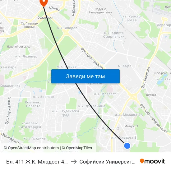 Бл. 411 Ж.К. Младост 4 / Bl. 411, Mladost 4 Qr. (0005) to Софийски Университет “Св. Климент Охридски"" map