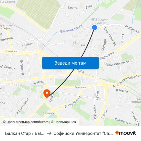 Балкан Стар / Balkan Star (1599) to Софийски Университет “Св. Климент Охридски"" map