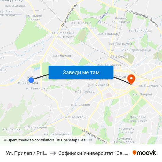 Ул. Прилеп / Prilep St. (1682) to Софийски Университет “Св. Климент Охридски"" map