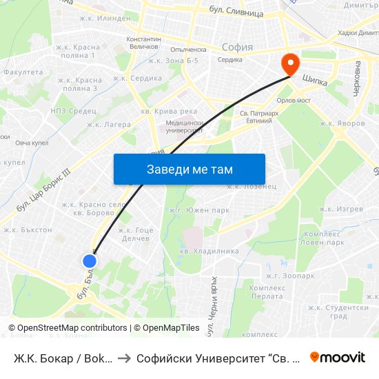 Ж.К. Бокар / Bokar Qr. (2689) to Софийски Университет “Св. Климент Охридски"" map