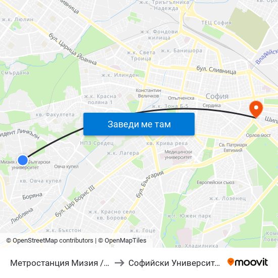 Метростанция Мизия / Moesia Metro Station (0361) to Софийски Университет “Св. Климент Охридски"" map