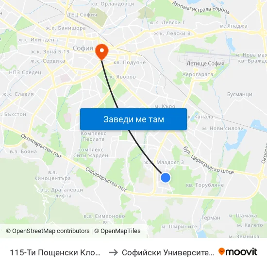 115-Ти Пощенски Клон / 115-Th Post Office (1759) to Софийски Университет “Св. Климент Охридски"" map