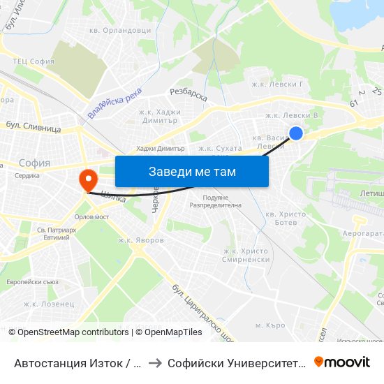 Автостанция Изток / Iztok Bus Station (2427) to Софийски Университет “Св. Климент Охридски"" map