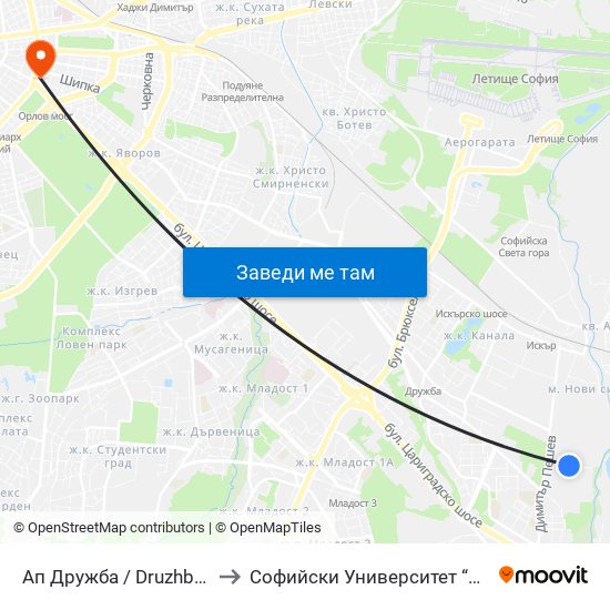Ап Дружба / Druzhba Bus Depot (0077) to Софийски Университет “Св. Климент Охридски"" map