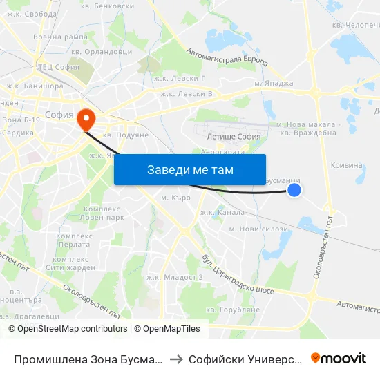 Промишлена Зона Бусманци / Industrial Zone Busmantsi (1640) to Софийски Университет “Св. Климент Охридски"" map