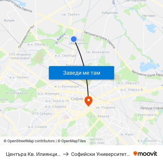 Центъра Кв. Илиянци / Iliyantsi Centre (0939) to Софийски Университет “Св. Климент Охридски"" map