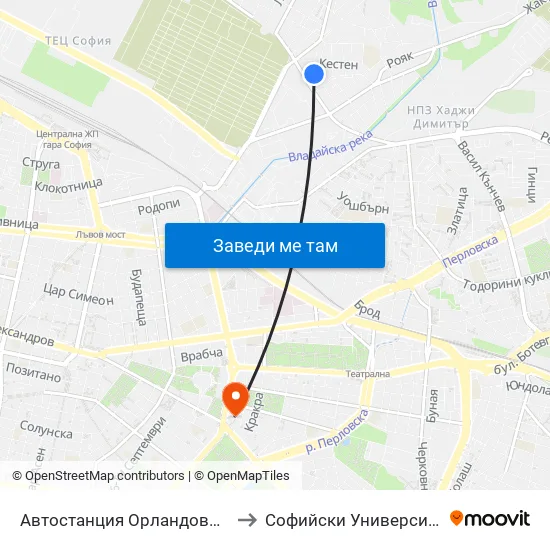 🚌 Автостанция Орландовци / Orlandovtsi Bus Station (0062) to Софийски Университет “Св. Климент Охридски"" map