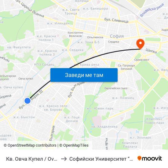 Кв. Овча Купел / Ovcha Kupel Qr. (0882) to Софийски Университет “Св. Климент Охридски"" map
