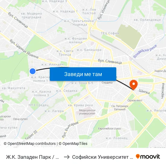 Ж.К. Западен Парк / Zapaden Park Qr. (0619) to Софийски Университет “Св. Климент Охридски"" map