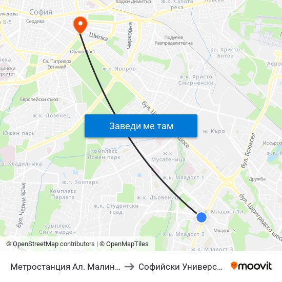 Метростанция Ал. Малинов / Al. Malinov Metro Station (0233) to Софийски Университет “Св. Климент Охридски"" map