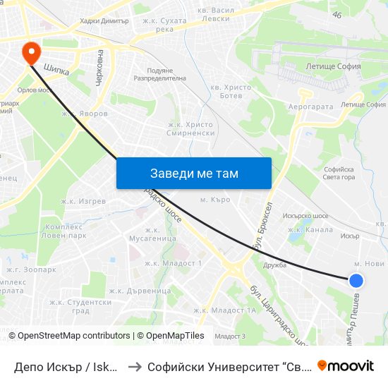 Депо Искър / Iskar Depot (0515) to Софийски Университет “Св. Климент Охридски"" map
