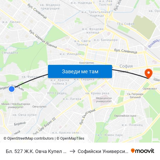 Бл. 527 Ж.К. Овча Купел 1 / Bl. 527, Ovcha Kupel 1 Qr.  (0232) to Софийски Университет “Св. Климент Охридски"" map