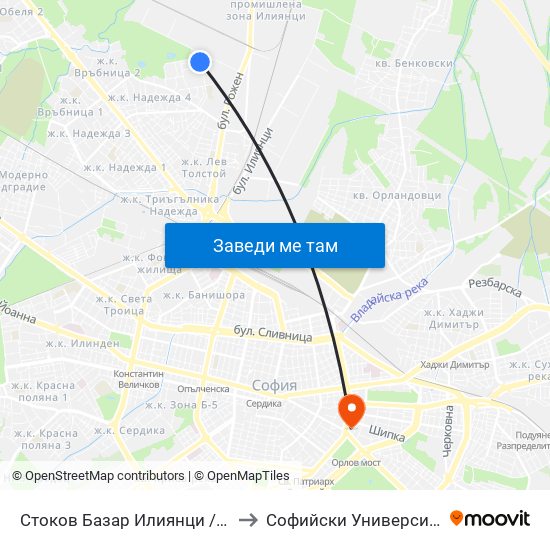 Стоков Базар Илиянци / Iliyantsi Commodity Market (0485) to Софийски Университет “Св. Климент Охридски"" map