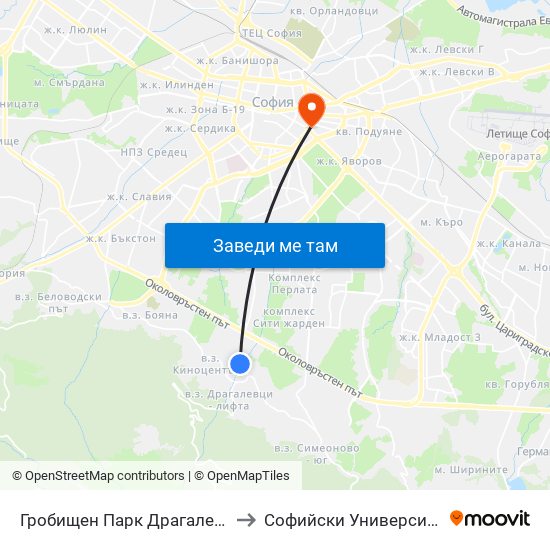 Гробищен Парк Драгалевци / Dragalevtsi Cemetery (0509) to Софийски Университет “Св. Климент Охридски"" map