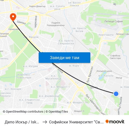 Депо Искър / Iskar Depot (0516) to Софийски Университет “Св. Климент Охридски"" map