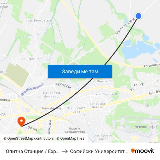 Опитна Станция / Experimental Station (1205) to Софийски Университет “Св. Климент Охридски"" map