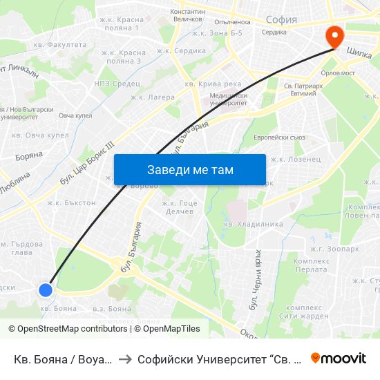Кв. Бояна / Boyana Qr. (0808) to Софийски Университет “Св. Климент Охридски"" map