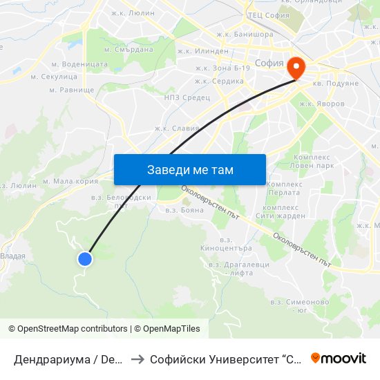 Дендрариума / Dendrariuma (6568) to Софийски Университет “Св. Климент Охридски"" map