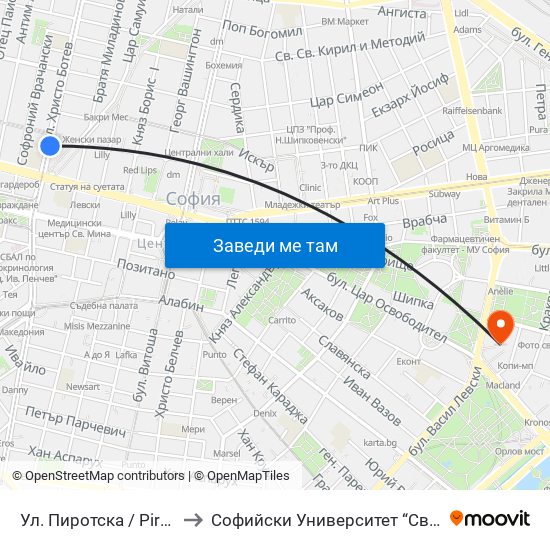 Ул. Пиротска / Pirotska St. (2113) to Софийски Университет “Св. Климент Охридски"" map