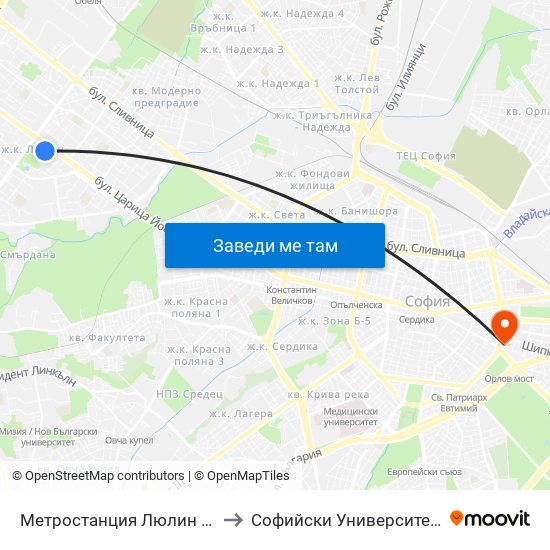 Метростанция Люлин / Lyulin Metro Station (1055) to Софийски Университет “Св. Климент Охридски"" map