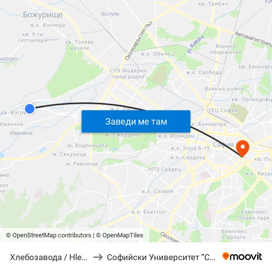 Хлебозавода / Hlebozavoda (2316) to Софийски Университет “Св. Климент Охридски"" map