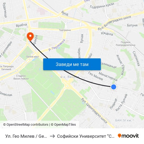 Ул. Гео Милев / Geo Milev St. (1904) to Софийски Университет “Св. Климент Охридски"" map