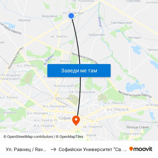 Ул. Равнец / Ravnets St. (2151) to Софийски Университет “Св. Климент Охридски"" map