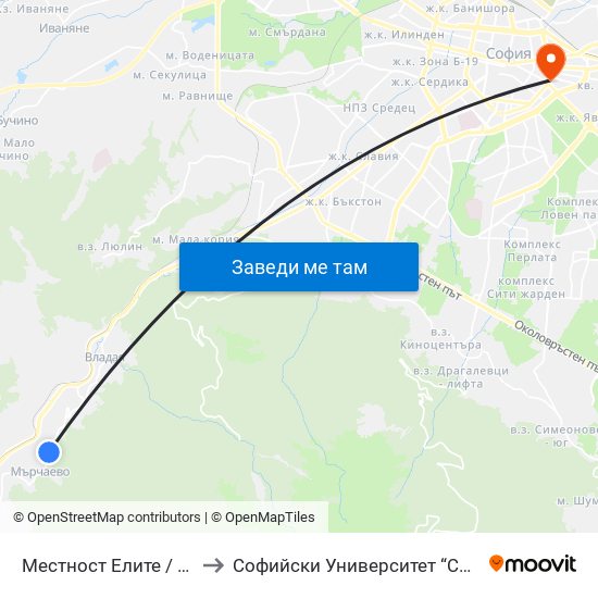 Местност Елите / Elite Area (0572) to Софийски Университет “Св. Климент Охридски"" map