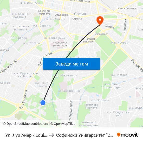 Ул. Луи Айер / Louis Eyer St. (2035) to Софийски Университет “Св. Климент Охридски"" map
