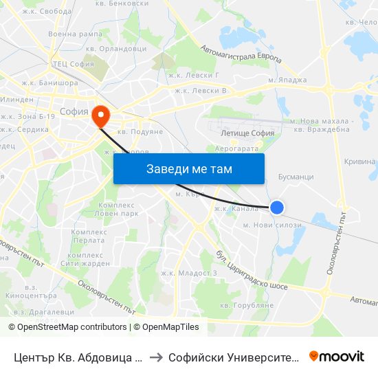 Център Кв. Абдовица / Abdovitsa Centre (2339) to Софийски Университет “Св. Климент Охридски"" map