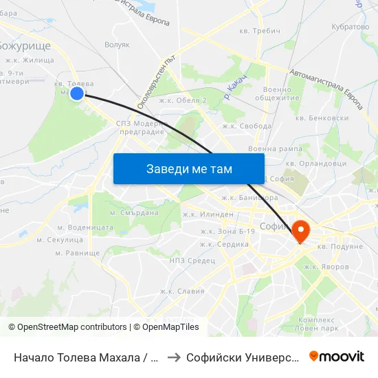 Начало Толева Махала / Entry To Toleva Neighbourhood (2501) to Софийски Университет “Св. Климент Охридски"" map