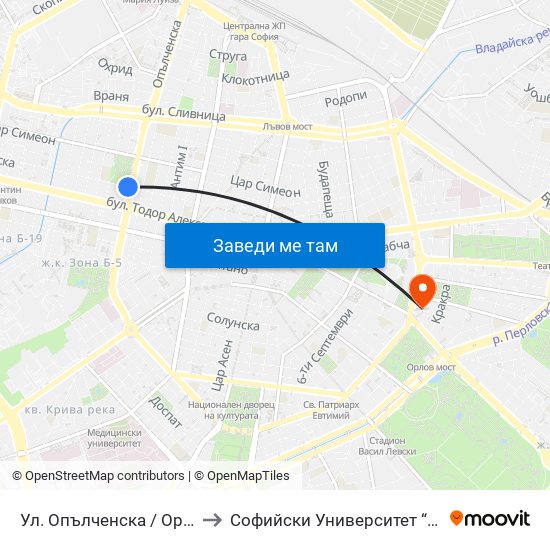Ул. Опълченска / Opalchenska St. (2086) to Софийски Университет “Св. Климент Охридски"" map