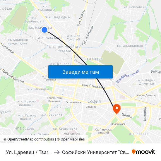 Ул. Царевец / Tsarevets St. (6217) to Софийски Университет “Св. Климент Охридски"" map