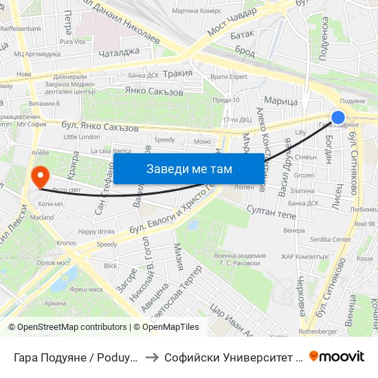 Гара Подуяне / Poduyane Train Station (0470) to Софийски Университет “Св. Климент Охридски"" map