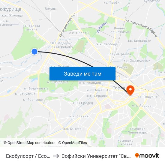 Екобулсорт / Ecobulsort (2520) to Софийски Университет “Св. Климент Охридски"" map