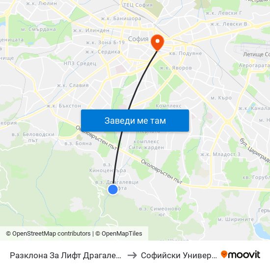 Разклона За Лифт Драгалевци / Fork Road To Dragalevtsi Chair Lift (1217) to Софийски Университет “Св. Климент Охридски"" map