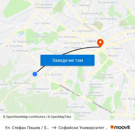 Ул. Стефан Пешев / Stefan Geshev St. (2193) to Софийски Университет “Св. Климент Охридски"" map