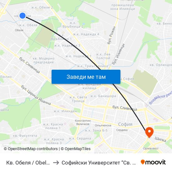 Кв. Обеля / Obelya Qr. (0871) to Софийски Университет “Св. Климент Охридски"" map