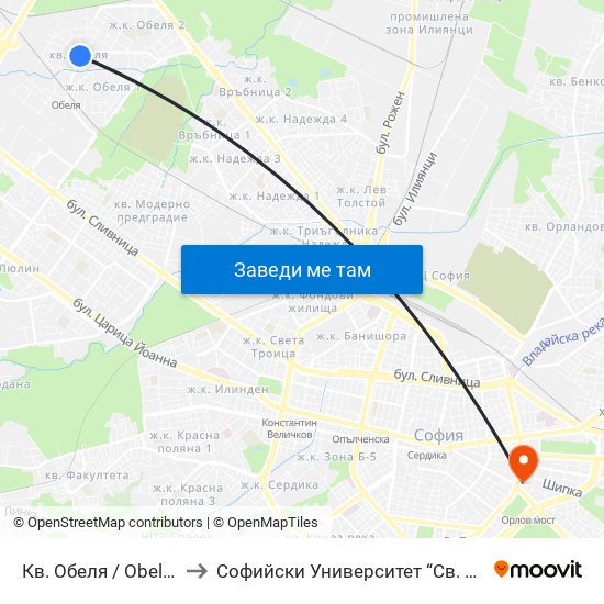 Кв. Обеля / Obelya Qr. (0874) to Софийски Университет “Св. Климент Охридски"" map