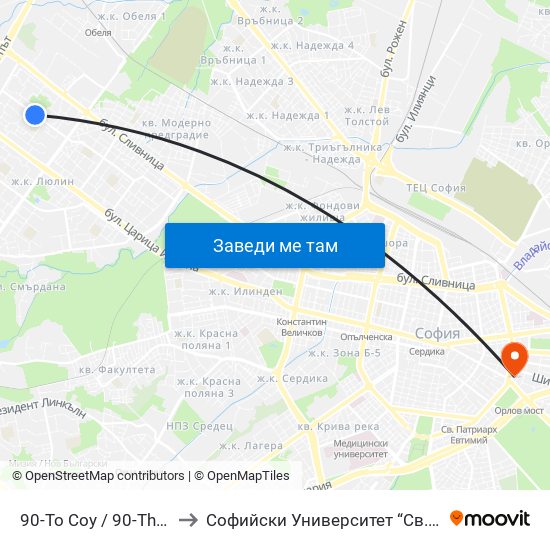 90-То Соу / 90-Th School (2277) to Софийски Университет “Св. Климент Охридски"" map