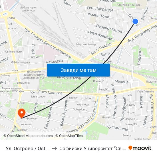 Ул. Острово / Ostrovo St. (2100) to Софийски Университет “Св. Климент Охридски"" map