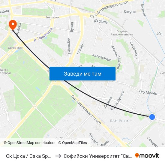 Ск Цска / Cska Sports Club (1155) to Софийски Университет “Св. Климент Охридски"" map